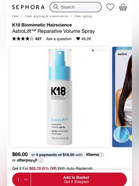 K18 Biomimetic Hairscience AstroLift™ Reparative Volume Spray